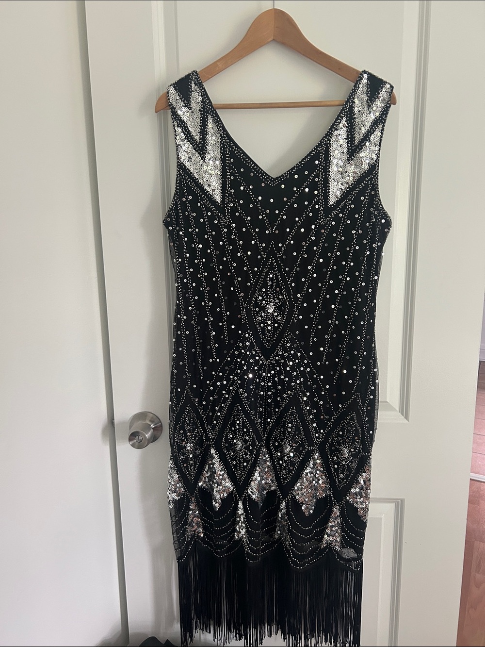Black Sequin Fringe V-Neck Midi Dress